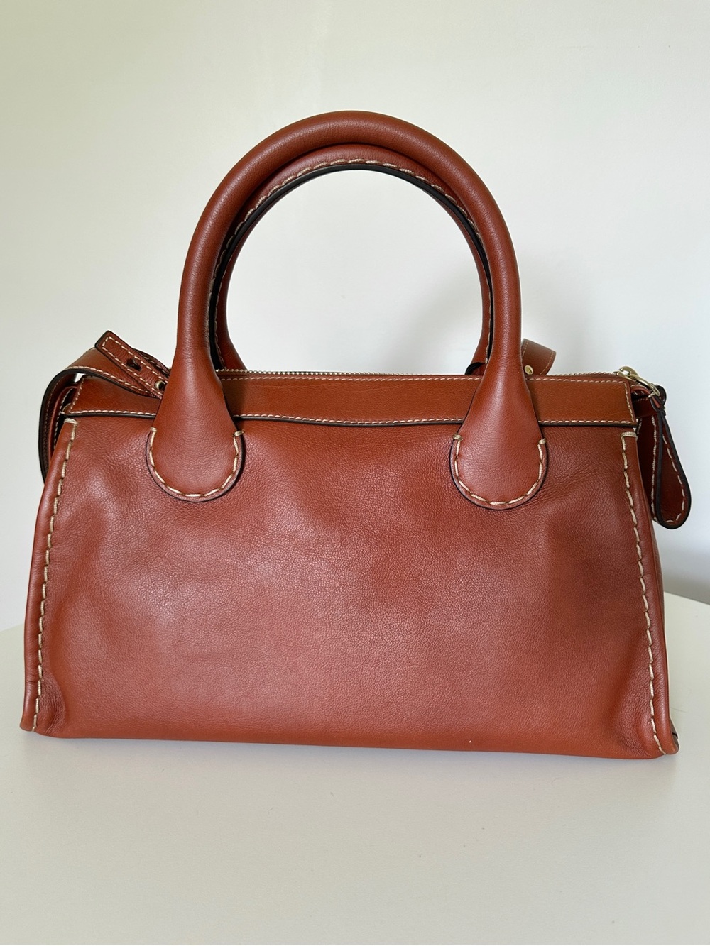 CHLOE Edith Classic Cognac Brown Leather Satchel Handbag Removable Strap - Picture 3 of 15